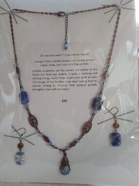 Handmade Sodalite blue white copper necklace and earrings set